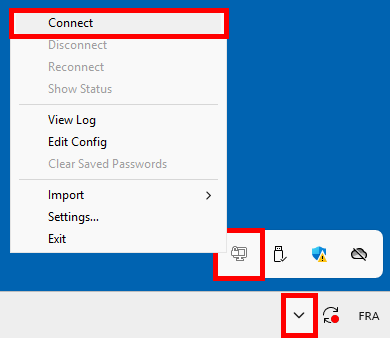 OpenVPN Windows client system tray menu showing the Connect option.