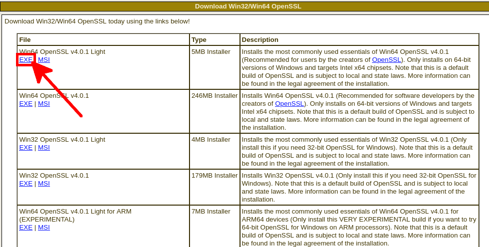 Win32 and Win64 OpenSSL download page with the Win64 OpenSSL Light installer for 64-bit Windows highlighted