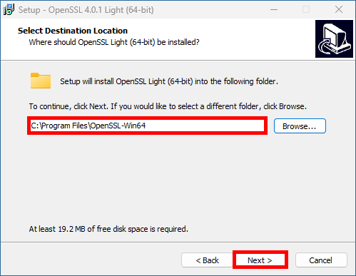 OpenSSL Light installer showing the default installation folder C:\Program Files\OpenSSL-Win64