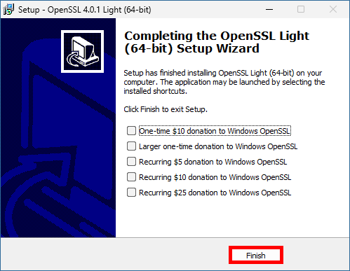 OpenSSL Light setup wizard confirming that the installation is complete and displaying optional donation choices