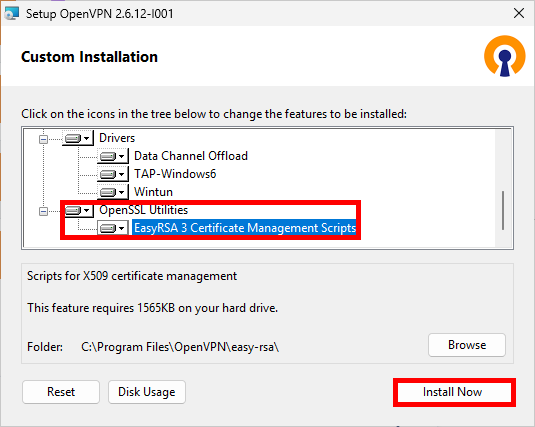 OpenVPN custom installation window showing EasyRSA 3 Certificate Management Scripts selected under OpenSSL Utilities and the Install Now button highlighted