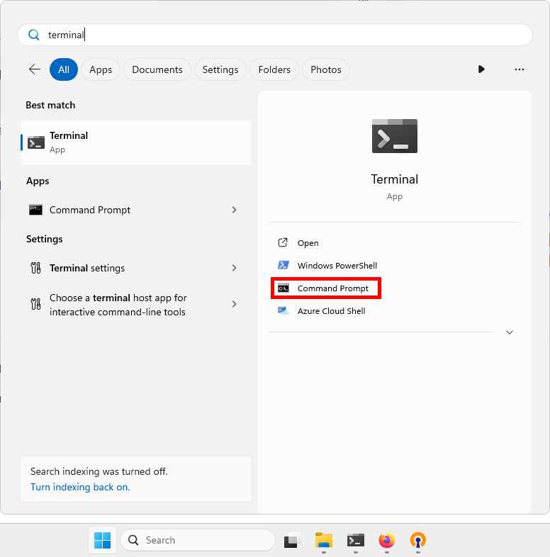 Windows search results for Terminal showing the Command Prompt profile highlighted in Windows Terminal