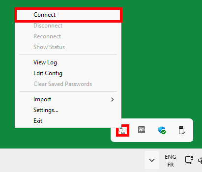 OpenVPN GUI context menu opened from the Windows notification area with the Connect command highlighted