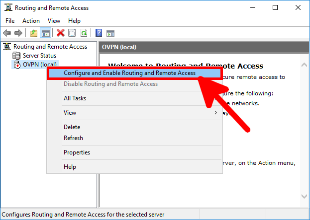 Routing and Remote Access console showing the server context menu with Configure and Enable Routing and Remote Access highlighted