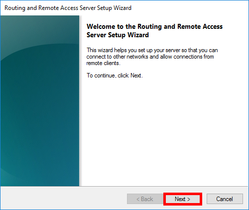 Routing and Remote Access Server Setup Wizard welcome screen with the Next button highlighted