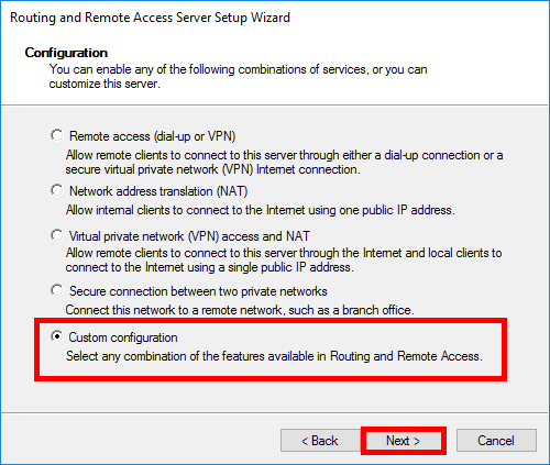 Routing and Remote Access Server Setup Wizard showing Custom configuration selected and the Next button highlighted