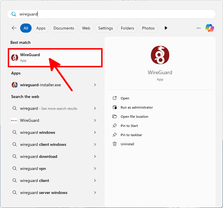 Searching and launching the WireGuard app from Windows start menu