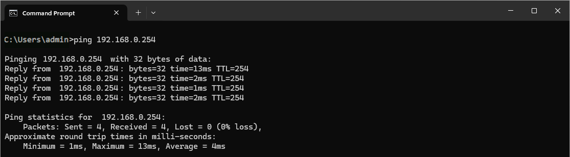 Windows terminal showing successful ping to internal LAN gateway at 192.168.0.254 through the VPN tunnel